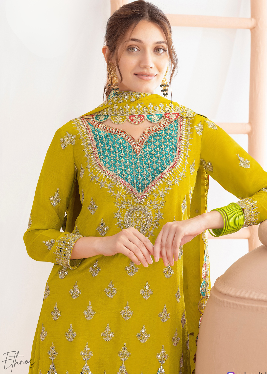 Lime Green Resham Embroidered Chinon Palazzo Suit