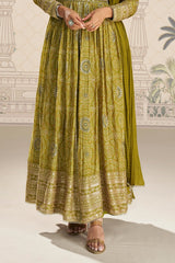 Green Embroidered Chinon Silk Suit