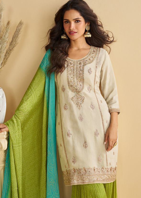 Beige Chiffon Sharara Suit With Bandhej Dupatta
