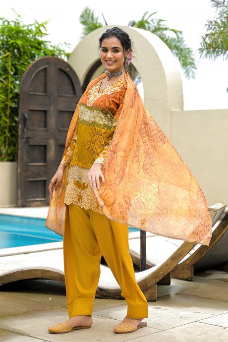 Mustard Crepe Silk Embroidered Straight Cut Suit Set