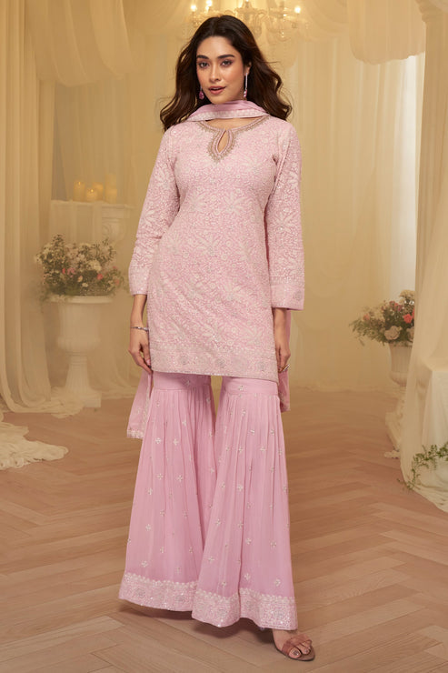 Pink Embroidered Georgette Sharara Suit