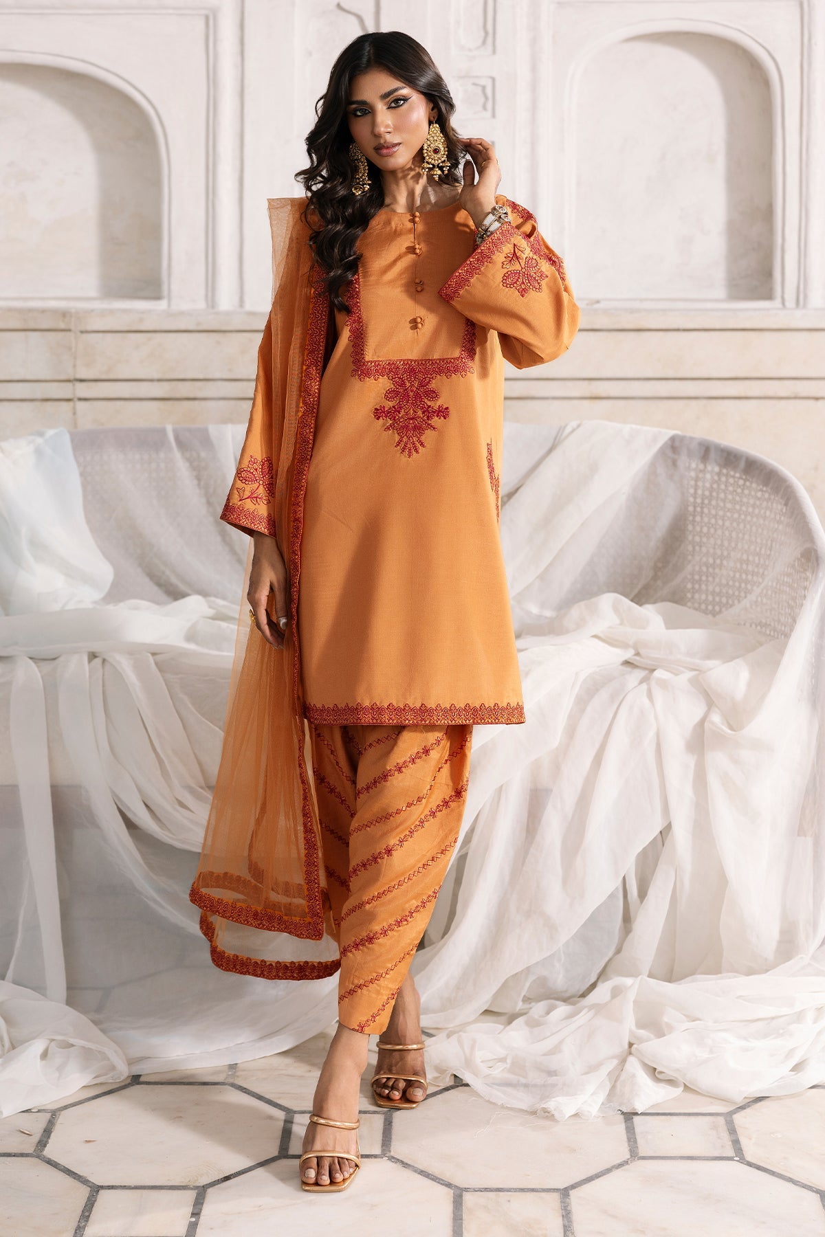 3-PC Embroidered Raw-Silk Suit By Charizma