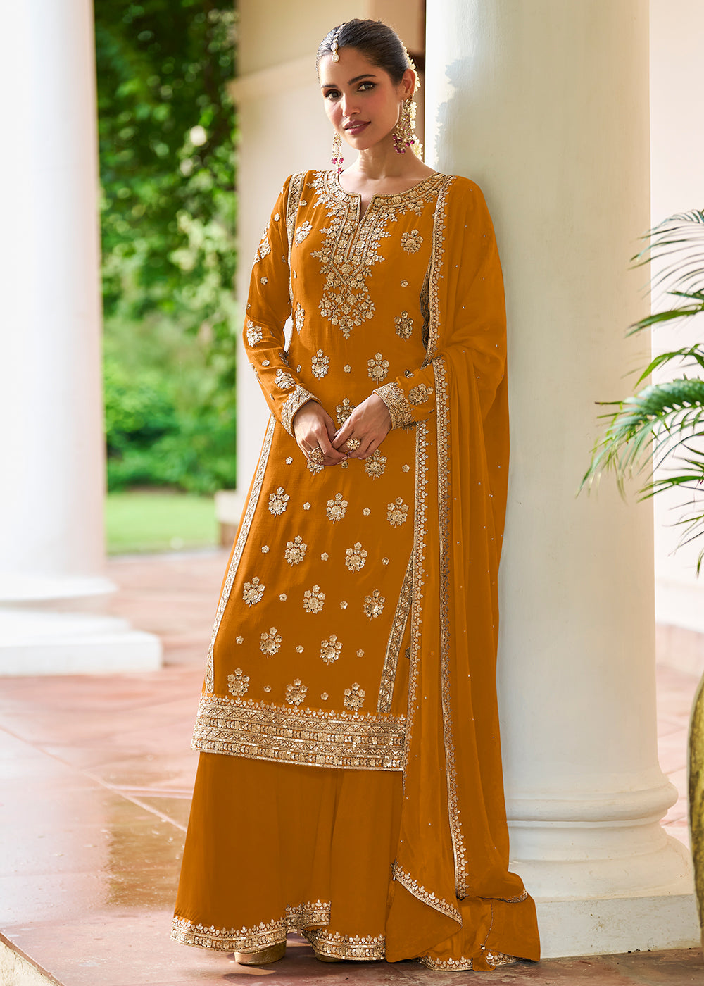 Mustard Chinnon Silk Palazzo Suit
