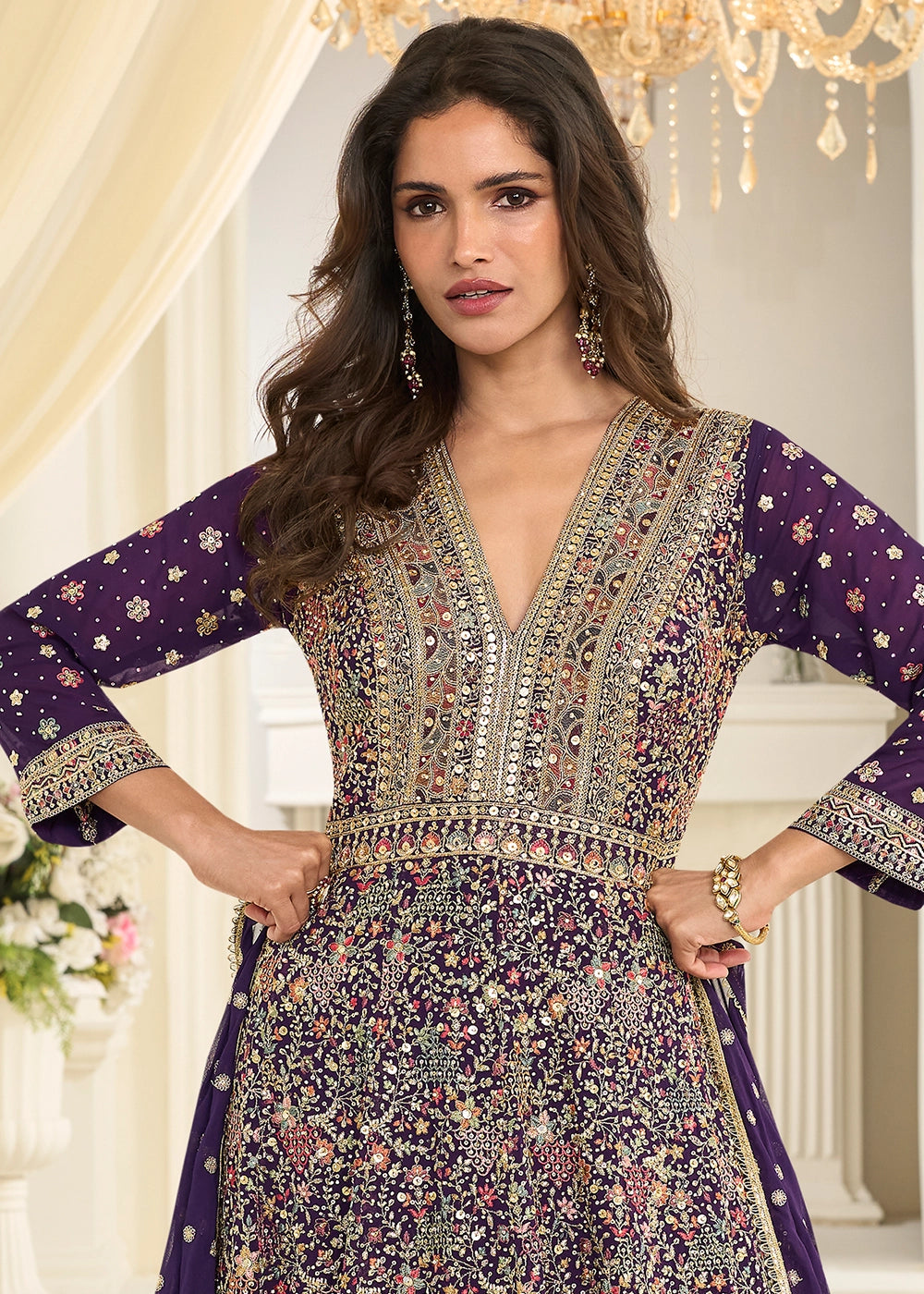 PURPLE GEORGETTE ANARKALI GOWN WITH ALL-OVER ZARKAN EMBROIDERY