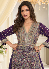 PURPLE GEORGETTE ANARKALI GOWN WITH ALL-OVER ZARKAN EMBROIDERY