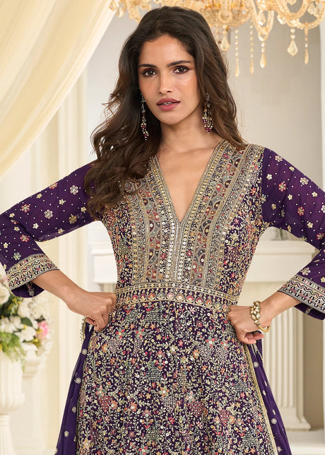 PURPLE GEORGETTE ANARKALI GOWN WITH ALL-OVER ZARKAN EMBROIDERY