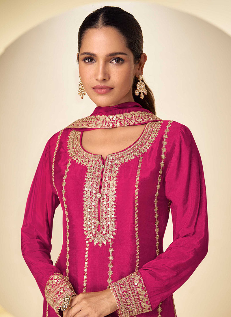 Pink Chinon Embroidered Sequins Palazzo Suit Festive Wear