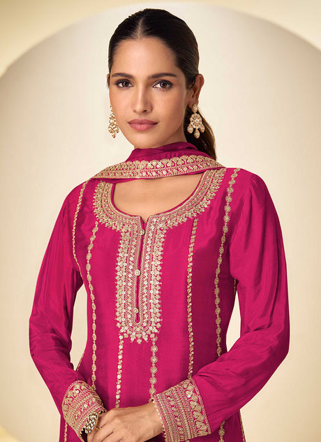 Pink Chinon Embroidered Sequins Palazzo Suit Festive Wear