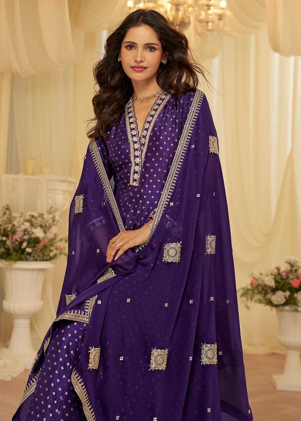 Violet Viscose Jacquard Silk With Embroidery Work Anarkali Suit