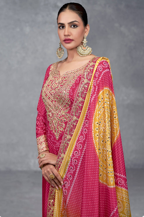 PInk Chinon Suit With Bandhej Print