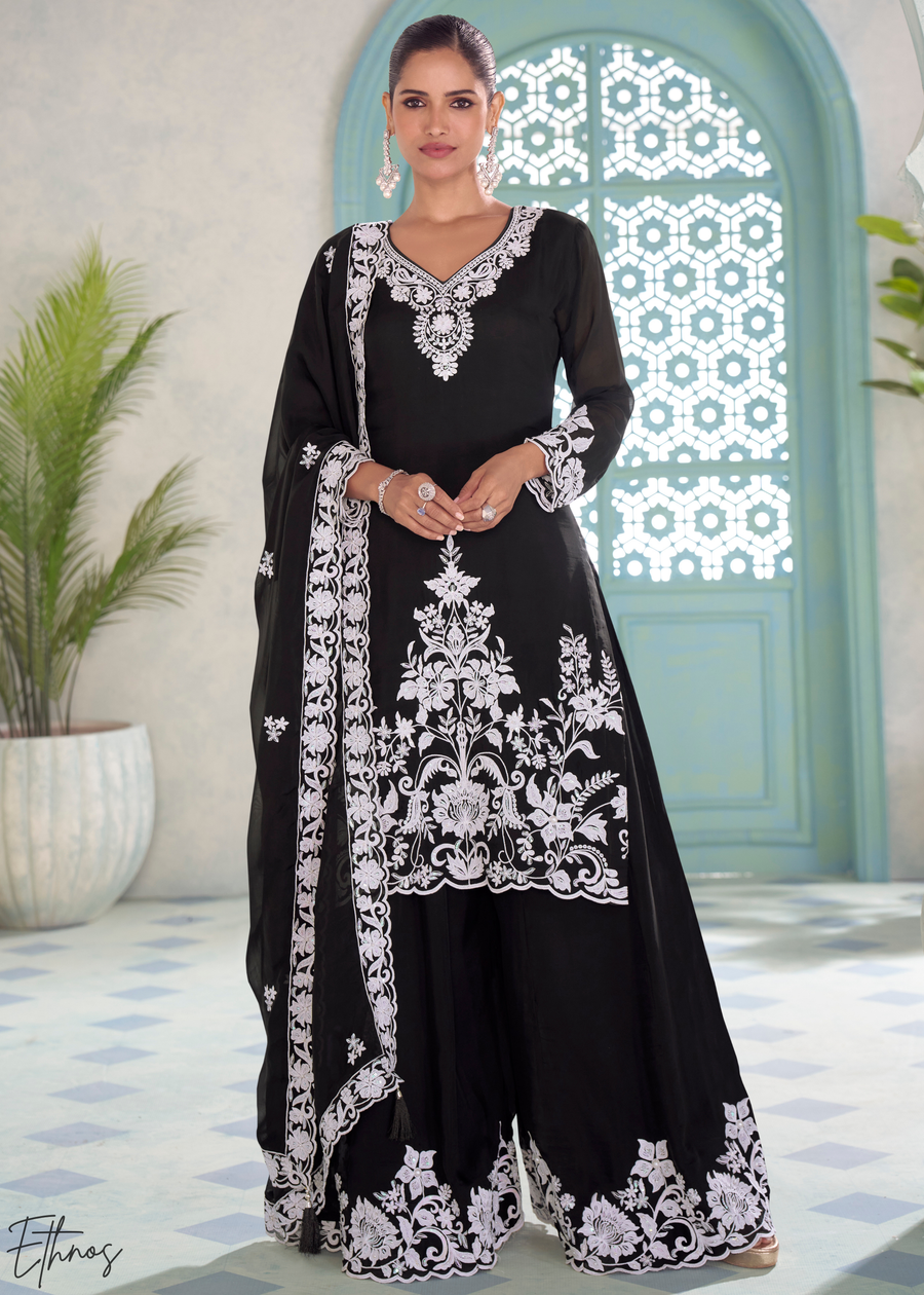Midnight Black Chinon Embroidery Palazzo Suit
