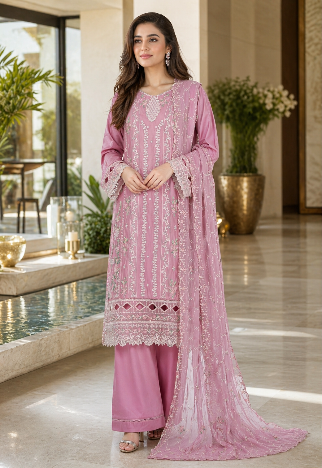 Bin Saeed Luxury Embroidered Lawn With Chiffon Dupatta