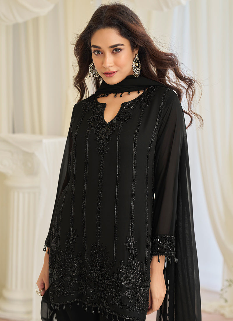 Black Chinon Silk Embroidery Work Festival wear Salwar Suit