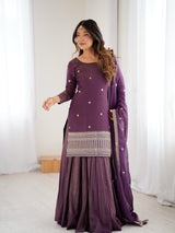 Odette Wine Silk Embroidered Sharara Set