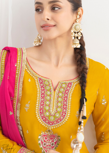 Dandelion Yellow Chinon Silk Salwar Suit