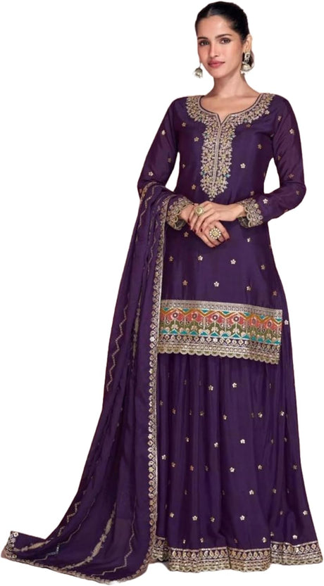 Eggplant Purple Chinon Silk Sharara Suit