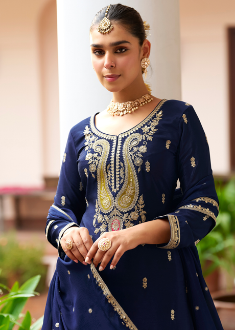 Navy Blue Chinon Palazzo Suit