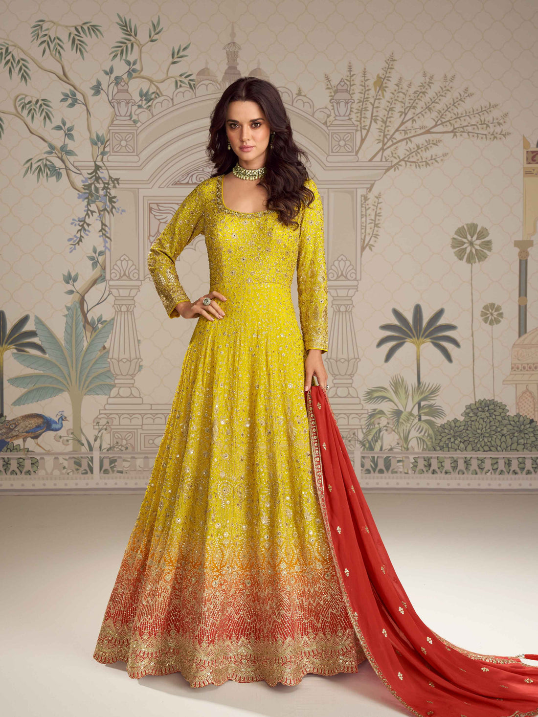Yellow Heavy Georgette Anarkali Gown with Zarkan Embroidery & Dupatta