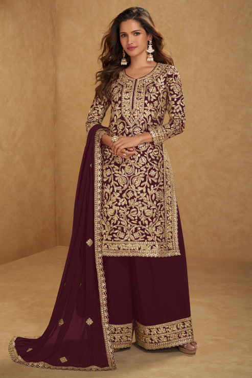 Wine Embroidered Georgette Suit