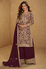 Wine Embroidered Georgette Suit