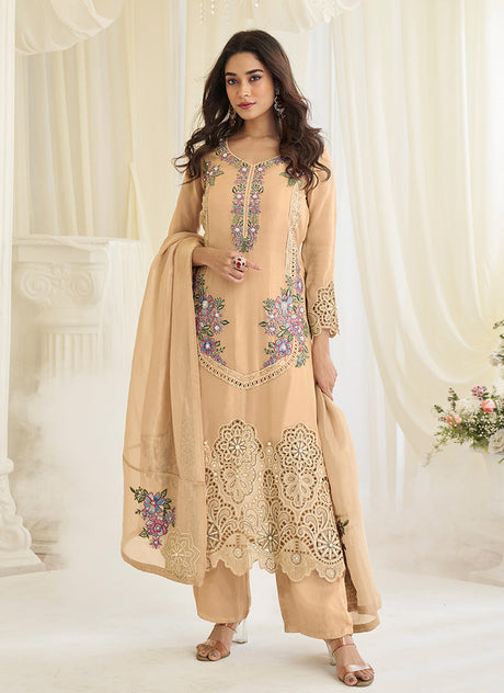 Peach Embroidered Silk Farshi Salwar Suit