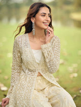 Sage Green & Ivory Net Embroidered Kurta Palazzo Set with Dupatta