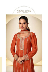 Orange Chinon Embroidered Sequins Palazzo Suit Festive Wear