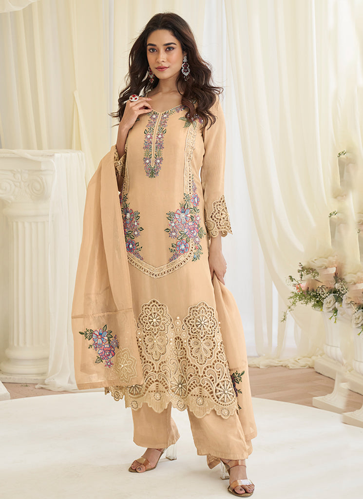 Peach Embroidered Silk Farshi Salwar Suit