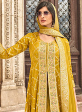Mustard Jacquard Silk Embroidered High Slit Palazzo Suit Wedding Wear