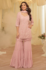 Pink  Embroidered Georgette Sharara Suit