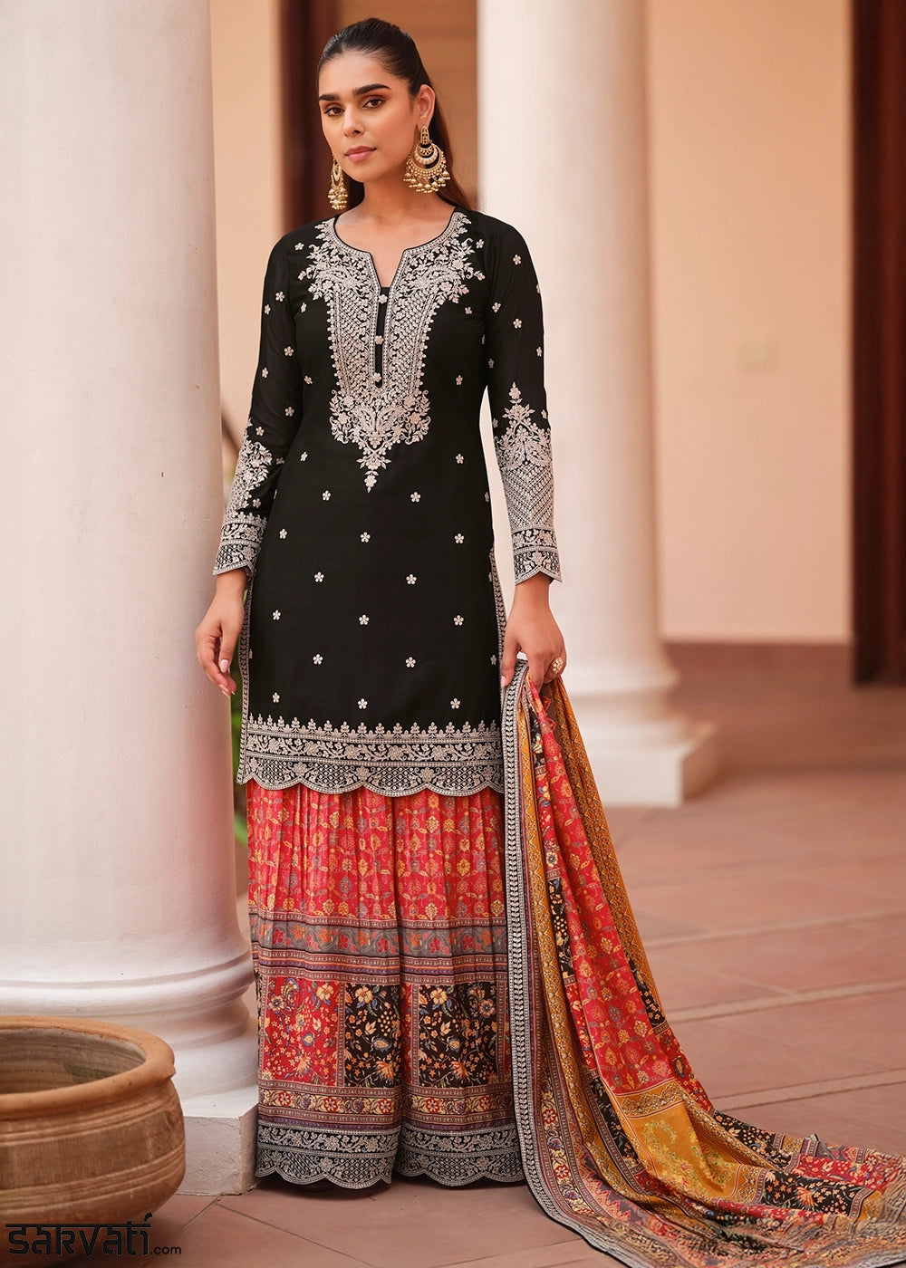 Onyx Black Embroidered Chinon Silk Kurta