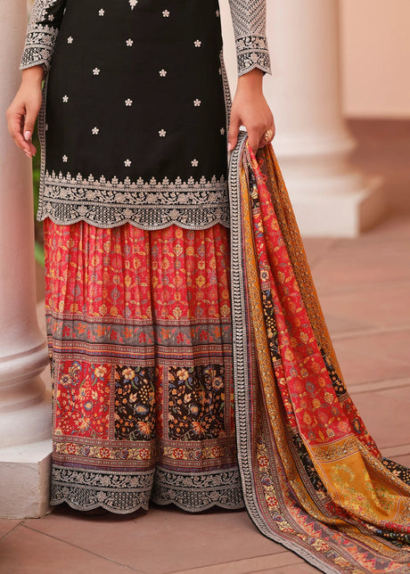 Onyx Black Embroidered Chinon Silk Kurta