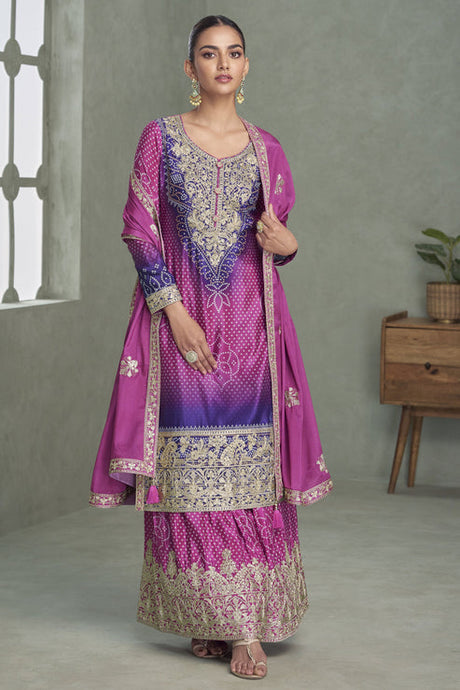 Purple Pink  Embroidered Chinon Silk Suit
