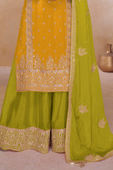 Yellow Chinon Embroidered  Suit
