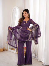 Purple Crunchy Silk Top with Bell Bottom