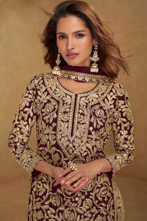 Wine Embroidered Georgette Suit