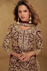 Wine Embroidered Georgette Suit