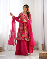 Rani Pink Silk Anarkali with Palazzo and Dupatta Set