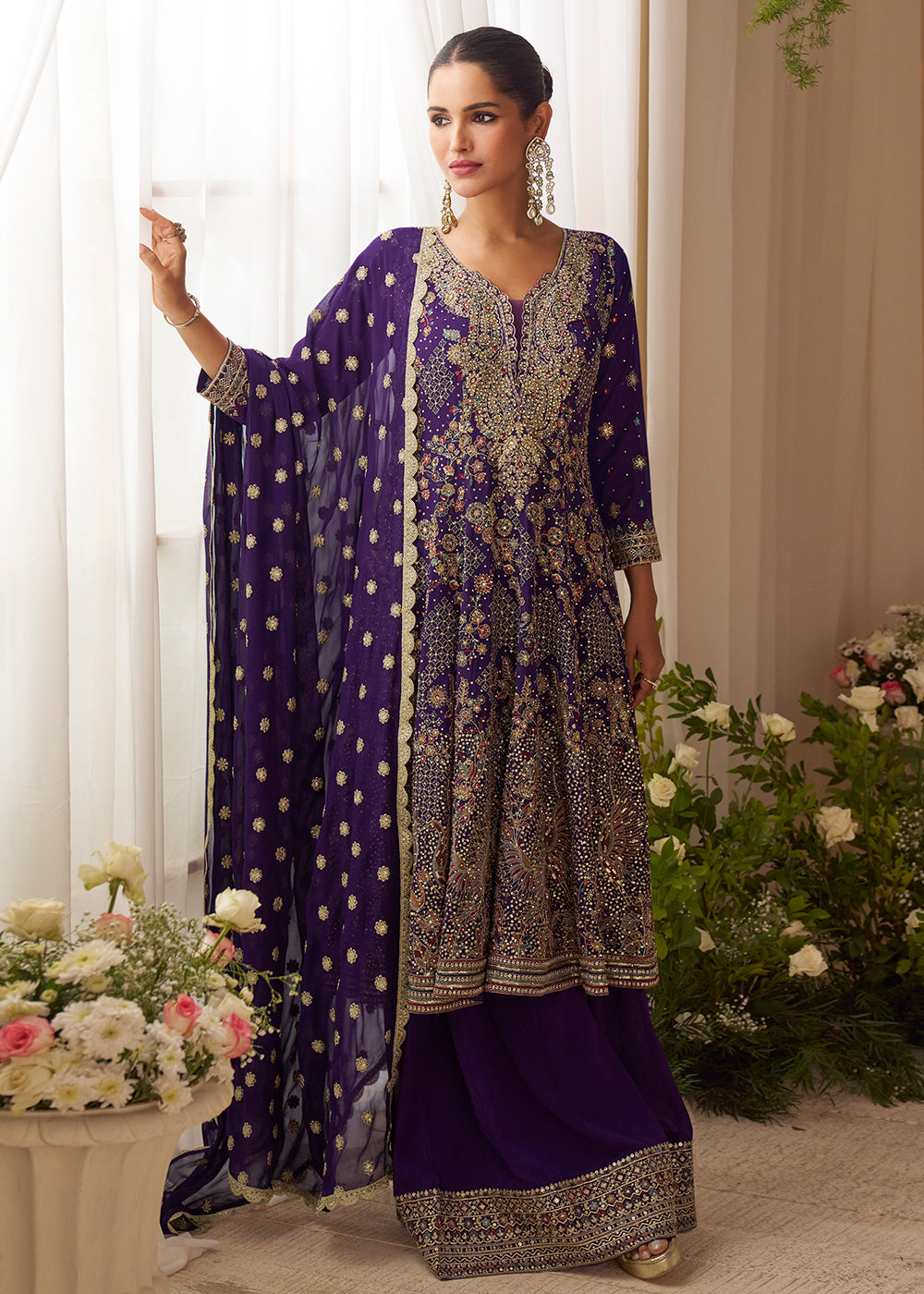 Violet Purple Embroidered Function Wear Palazzo Suit