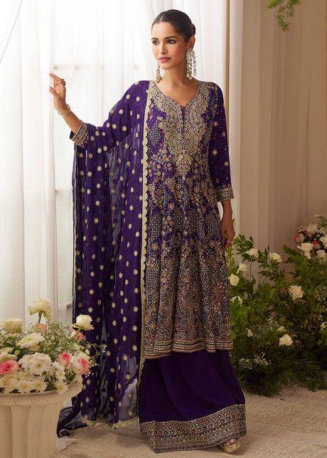 Violet Purple Embroidered Function Wear Palazzo Suit