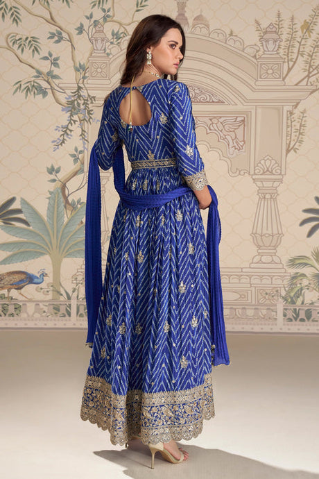 Blue Embroidered Chinon Silk Suit