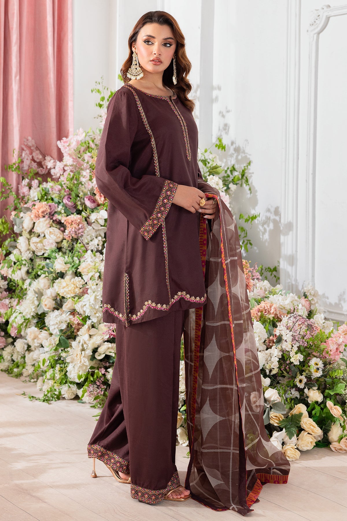 3-PC Embroidered Raw-Silk Suit by Charizma