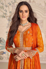 Orange Embroidered Chinon Silk Suit