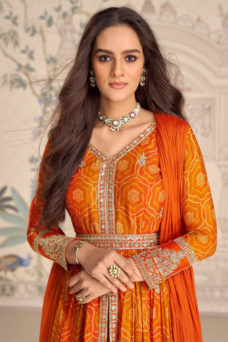 Orange Embroidered Chinon Silk Suit