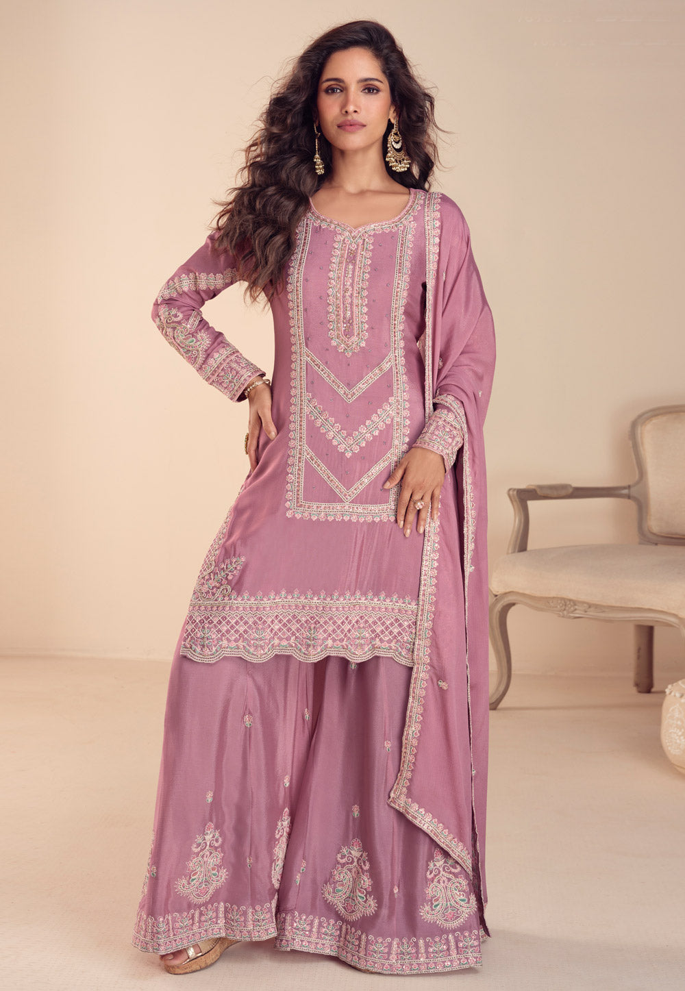 Pink Chinon Palazzo Suit