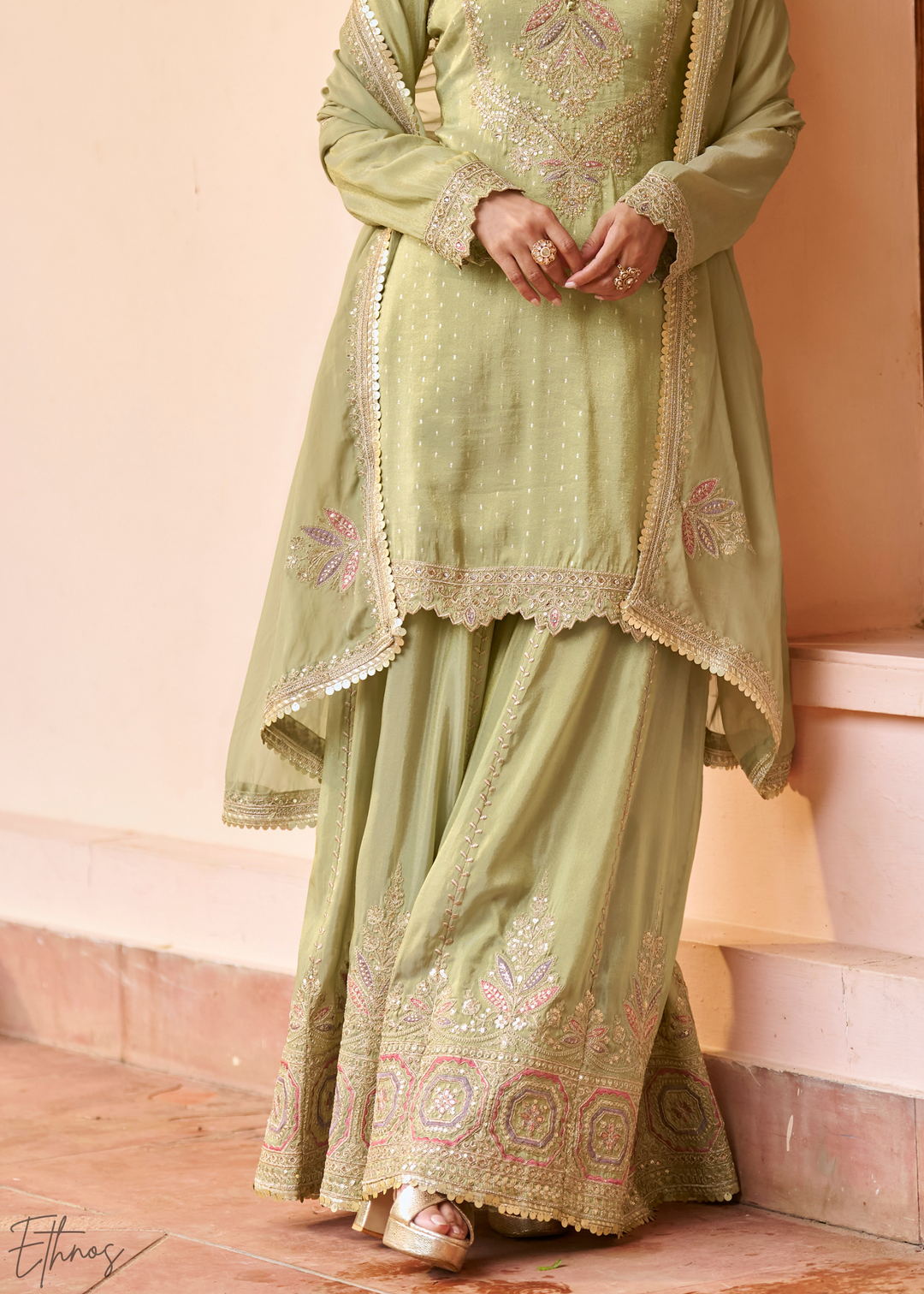 Pastel Green Embroidered Chinon Sharara Suit