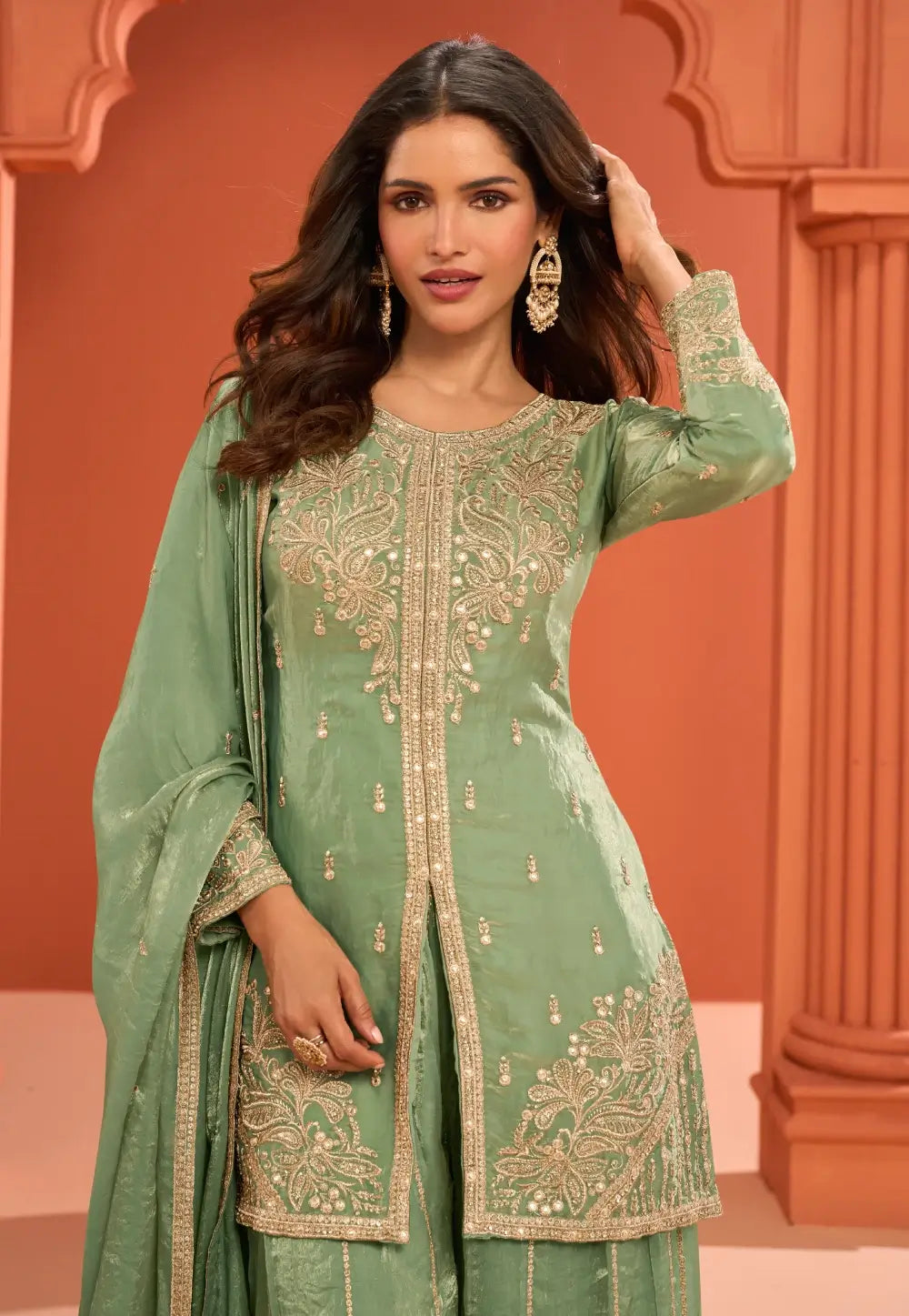 Green Embroidered Stylish Silk Sharara Suit