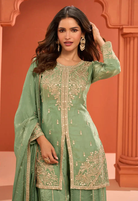 Green Embroidered Stylish Silk Sharara Suit