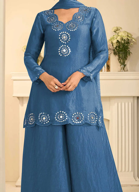 Blue Tora Silk Embroidered Mirror Work Thread Palazzo Suit Festive Wear