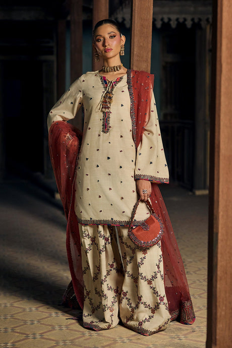 3-PC Embroidered Raw-Silk Suit By Charizma